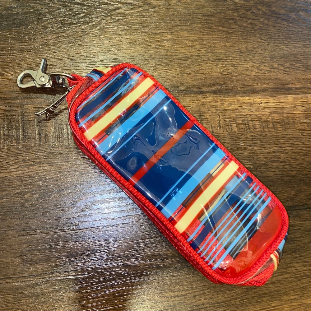 NEW STRIPED PLASTIC MAKEUP COSMETIC BAG EIFFEL TOWER CHARM